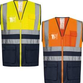 Gilet haute visibilité réfléchissant jaune-orange/bleu marine, lot de 10 pièces (1 carton)