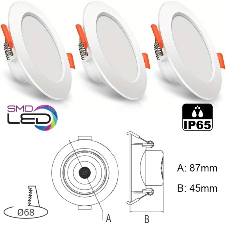 3x Led Spot Einbaustrahler 5W, Weiss für Bad & Dusche IP65